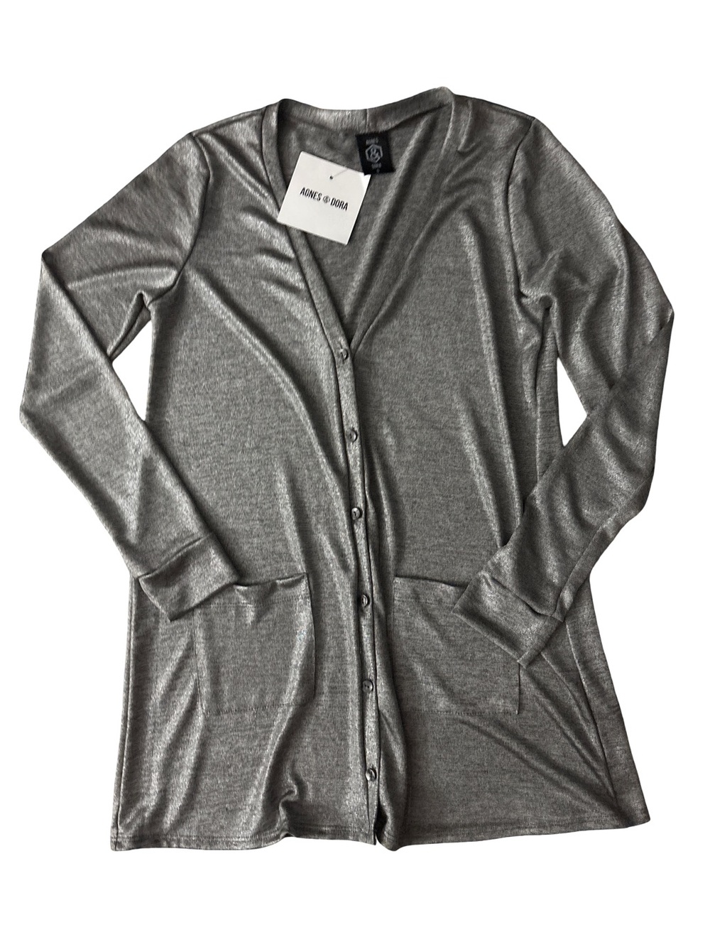 Agnes & Dora Metallic Silver Button-Front Long Cardigan